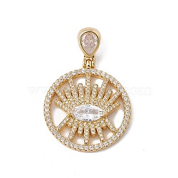 Brass Micro Pave Clear Cubic Zirconia Pendants, Cadmium Free & Nickel Free & Lead Free, Rack Plating, Flat Round with Eye Pattern, Real 18K Gold Plated, 44x30x4.5mm, Hole: 3.5x7.5mm(KK-G439-04G)