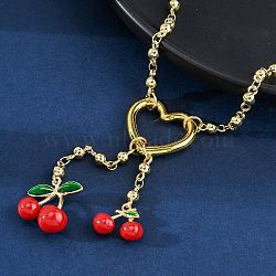 Heart & Cherry Brass Red Enamel Pendant Necklaces for Women, Cadmium Free & Lead Free, Long-Lasting Plated, Rack Plating, Real 18K Gold Plated, 17.20 inch(43.7cm)(NJEW-G162-02G)