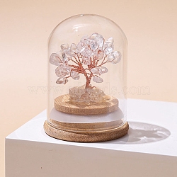 Natural Quartz Crystal Chips Tree of Life Decorations, Mini Wooden & Glass Base with Copper Wire Feng Shui Energy Stone Gift for Home Office Desktop Decoration, 52x77mm(TREE-PW0003-24A)
