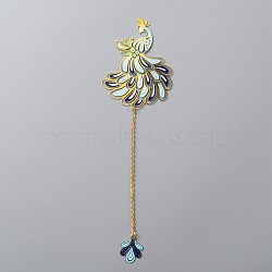 Chinese Style Brass Enamel Peacock Pendant Bookmarks, Long Iron Chain Bookmark, Golden, 204mm(AJEW-WH0401-13)