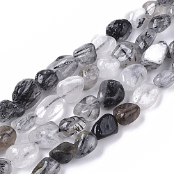 Natural Tourmalinated Quartz/Black Rutilated Quartz Beads Strands, Nuggets, Tumbled Stone, 5~11x5~8x3~6mm, Hole: 0.8mm, about: 52~56pcs/Strand, 15.94 inch(40.5cm)(G-S363-028A)