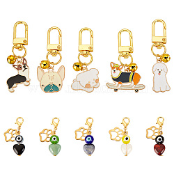 AHADERMAKER 4 Sets 2 Style Natural Gemstone Heart & Enamel Dog Brass Bell Pendant Decorations, Round Evil Eye Lobster Clasp Charms, for Keychain, Purse, Backpack Ornament, 35~63mm, 2 Sets/style(HJEW-GA0001-39)