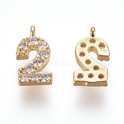 Brass Micro Pave Clear Cubic Zirconia Charms, Number, Golden, Num.2, 9.5~10x4~6.5x2mm, Hole: 0.8mm(ZIRC-L075-60A-02G)