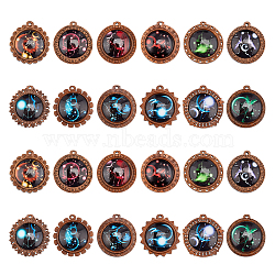 Glass Pendants, with Wooden Cabochon Settings, Half Round with 12 Constellations Pattern, Mixed Color, 44x43x11mm, Hole: 3mm, 1pc/constellation, 12 constellation, 12pcs/set(WOOD-NB0001-63A)