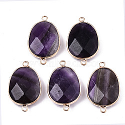 Natural Amethyst Links Connectors, Light Gold Tone Brass Edge, Oval, 31.5x17.5x6.5mm, Hole: 2mm(G-T131-111B)