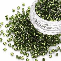 8/0 Glass Bugle Beads, Silver Lined, Olive Drab, 2.5~3x2.5mm, Hole: 1mm, about 15000pcs/pound(SEED-S032-07A-55A)