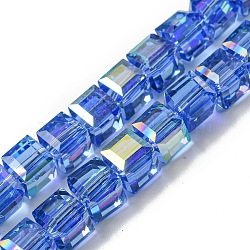 Electroplate Glass Beads Strands, Half Rainbow Plated, Faceted, Cube, Royal Blue, 7~7.5x7~7.5x7~7.5mm, Hole: 1mm(EGLA-M031-01A-HR04)