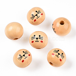 Natural Wood European Beads, Waxed and Printed, Undyed, Large Hole Beads, Round, Cat Pattern, Navajo White, 19~20mm, Hole: 5mm(X-WOOD-S055-16A)