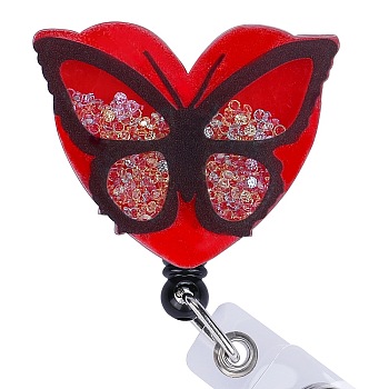 Rhinestone Quicksand Effect Acrylic & ABS Plastic Badge Reel, Retractable Badge Holder, Butterfly, 92mm, Butterfly: 42x52.5mm, 1pc/box