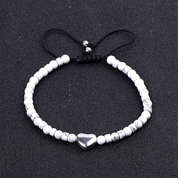 Natural Howlite Braided Bead Bracelets for Women, with Stainless Steel Beads, Heart, 6-3/4~10-1/4 inch(17~26cm)