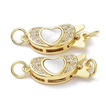 Rack Plating Brass Micro Pave Clear Cubic Zirconia Box Clasps, with Natural Shell, 1-Strand, 2-Hole, Long-Lasting Plated, Lead Free & Cadmium Free, Bean with Heart, Real 18K Gold Plated, 8.5x20x4mm, Hole: 3.4mm