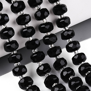 Natural Black Onyx(Dyed & Heated) Beads Strands, with Seed Beads, Faceted, Rondelle, 7~8.5x5~7mm, Hole: 1mm, about 44~56pcs/strand, 14.96~15.55 inch(38~39.5cm)