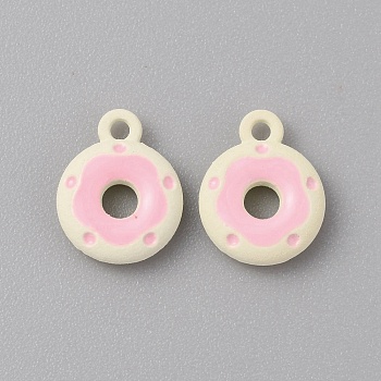 Frosted Painted Colored Alloy Pendants, Doughnut, Pink, 12.5x10x3mm, Hole: 1.5mm