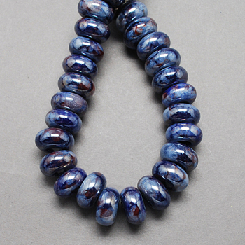 Handmade Porcelain European Beads, Large Hole Beads, Pearlized, Rondelle, Steel Blue, 12x9mm, Hole: 4mm