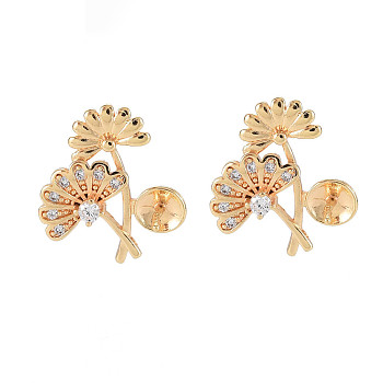 Brass Micro Pave Clear Cubic Zirconia Stud Earring Findings, for Half Drilled Beads, Nickel Free, Flower, Real 18K Gold Plated, 15x13mm, Pin: 0.6mm, pin: 0.6mm, pin: 0.6mm(for half drilled beads)