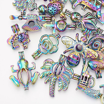 Plated Alloy Bead Cage Pendants, Mixe Shape, Colorful, 22~43x11~34x6.5~18mm, Hole: 3~4x3.5~4.5mm, Inner Measure: 8~25x8~21.5mm