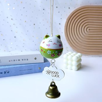 Porcelain Maneki Neko Hanging Bell Wind Chimes Decor, Feng Shui Lucky Cat for Car Interiors Hanging Ornaments, Light Green, 280mm