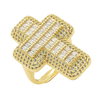 Cross Brass with Cubic Zirconia Open Cuff Rings, for Women, Lead Free & Cadmium Free, Real 18K Gold Plated, White, Inner Diameter: 17.5mm, cross: 30.5x21.5mm.