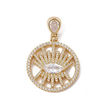 Brass Micro Pave Clear Cubic Zirconia Pendants, Cadmium Free & Nickel Free & Lead Free, Rack Plating, Flat Round with Eye Pattern, Real 18K Gold Plated, 44x30x4.5mm, Hole: 3.5x7.5mm