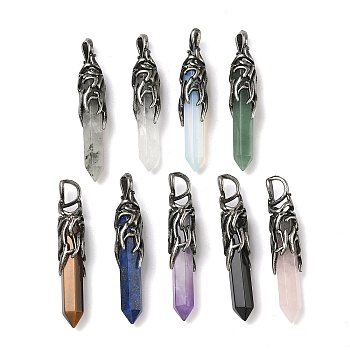 Natural & Synthetic Mixed Gemstone Pendants, Faceted Bullet Charms with Brass Dragon Wings, Antique Silver, Mixed Dyed and Undyed, 45~47x8.5~9mm, Hole: 6~6.5x4~4.5mm