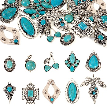 Pandahall 20Pcs 10 Styles Tibetan Style Alloy Pendants, with Dyed Synthetic Turquoise, Cadmium Free & Lead Free, Cross & Flower & Kite, Mixed Shapes, Antique Silver, 30~64x26~53x5~8.5mm, Hole: 2.5~3.5mm, 2pcs/style