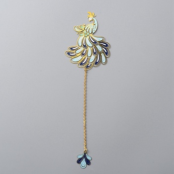 Chinese Style Brass Enamel Peacock Pendant Bookmarks, Long Iron Chain Bookmark, Golden, 204mm