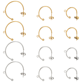 24Pcs 6 Style 304 Stainless Steel C-shape Stud Earring Findings, Half Hoop Earrings with Horizontal Loops, Golden & Stainless Steel Color, 17.5~26x1.2~3mm, Hole: 1.6~1.8mm, Pin: 0.6~0.7mm, 4Pcs/style