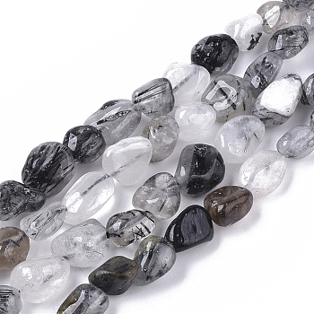 Natural Tourmalinated Quartz/Black Rutilated Quartz Beads Strands, Nuggets, Tumbled Stone, 5~11x5~8x3~6mm, Hole: 0.8mm, about: 52~56pcs/Strand, 15.94 inch(40.5cm)