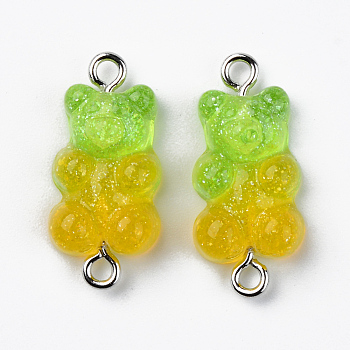 Transparent Resin Links, with Glitter Powder and Platinum Tone Iron Loops, Bear, Yellow Green, 24~25x11x7mm, Hole: 1.8mm