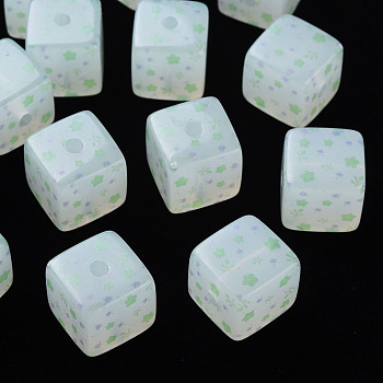 Printed Acrylic Beads, Square with Flower Pattern, Light Green, 16x16x16mm, Hole: 3mm