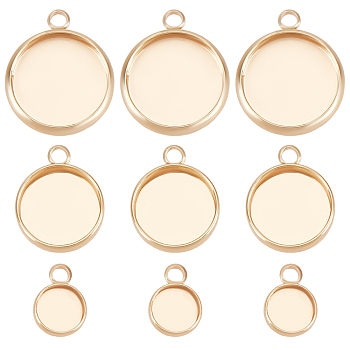 Beebeecraft 24Pcs 3 Styles Brass Pendant Cabochon Settings, Plain Edge Bezel Cups, Flat Round, Nickel Free, Real 18K Gold Plated, Tray: 6~12mm, 9.5~16x7~13.5x2.5~3.5mm, Hole: 1.5mm, 8pcs/color