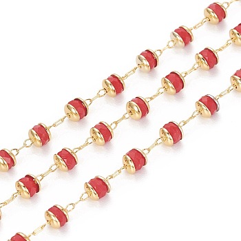 3.28 Feet Handmade Glass Beaded Chains, with Brass Findings, Long-Lasting Plated, Rondelle, Faceted, Soldered, Golden, Red, 4mm