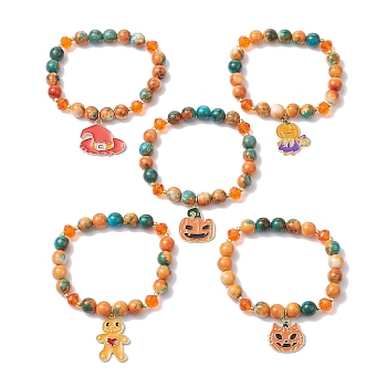 8mm Round Dyed Synthetic Ocean White Jade Beaded Stretch Bracelets, Halloween Pumpkin/Gingerbread Man Charm Bracelets for Women, Mixed Shapes, Inner Diameter: 2 inch(5cm)