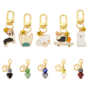 AHADERMAKER 4 Sets 2 Style Natural Gemstone Heart & Enamel Dog Brass Bell Pendant Decorations, Round Evil Eye Lobster Clasp Charms, for Keychain, Purse, Backpack Ornament, 35~63mm, 2 Sets/style