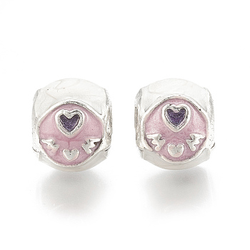 Mother's Day Theme, Alloy European Beads, Large Hole Beads, with Enamel, Rondelle with Word Mom, Platinum, Pearl Pink, 11.5x10.5x9mm, Hole: 5mm