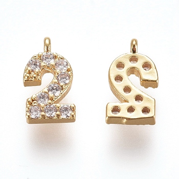 Brass Micro Pave Clear Cubic Zirconia Charms, Number, Golden, Num.2, 9.5~10x4~6.5x2mm, Hole: 0.8mm