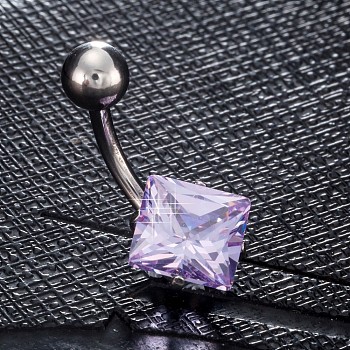 Piercing Jewelry, Brass Cubic Zirconia Navel Ring, Belly Rings, with 304 Stainless Steel Bar, Lead Free & Cadmium Free, Rhombus, Platinum, Lilac, 20x11mm, Bar: 15 Gauge(1.5mm), Bar Length: 3/8"(10mm)