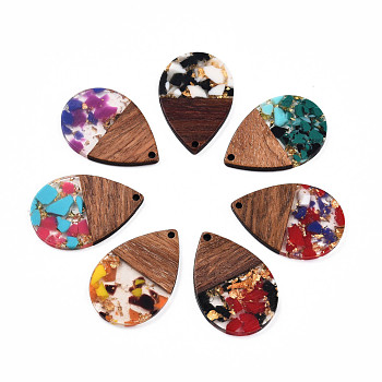 Transparent Resin & Walnut Wood Pendants, with Gold Foil, Teardrop Charm, Mixed Color, 36x24.5x3mm, Hole: 2mm