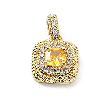 Rack Plating Brass Micro Pave Cubic Zirconia Pendants, Cadmium Free & Lead Free, Long-Lasting Plated, Square, Real 18K Gold Plated, 14x11.5x5mm, Hole: 5x2.5mm