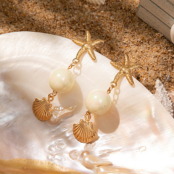 Zinc Alloy Resin Starfish Dangle Stud Earrings, Golden, Shell Shape, 60mm