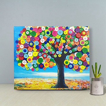 Creative DIY Tree Pattern Resin Button Art, with Canvas Painting Paper and Wood Frame, Educational Craft Painting Sticky Toys for Kids, Colorful, 30x25x1.3cm