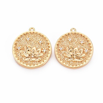 Brass Micro Pave Clear Cubic Zirconia Pendants, Nickel Free, Flat Round with Lotus, Real 18K Gold Plated, 20x17.5x3mm, Hole: 1mm