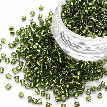8/0 Glass Bugle Beads, Silver Lined, Olive Drab, 2.5~3x2.5mm, Hole: 1mm, about 15000pcs/pound