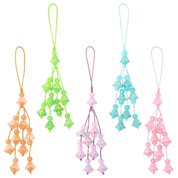 5Pcs 5 Colors Transparent Glass Bead Pendant Decorations, with Nylon Cord, Flower, Mixed Color, 150mm, 1pcs/color
