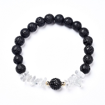 Stretch Bracelets, with Natural Lava Rock Round Beads & Quartz Crystal Chips Beads, Brass Beads and Rhinestone Pave Disco Ball Beads, Jet, Inner Diameter: 2 inch(5.2cm)