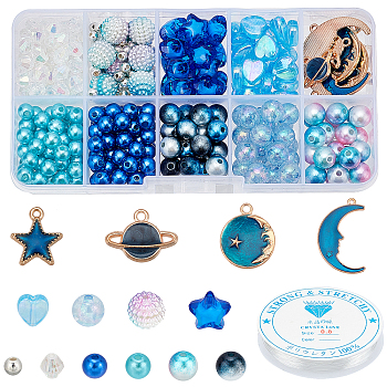 DIY Planet Bracelet Making Kit, Including Round & Heart & Star & Round Acrylic & ABS Plastic Beads, Moon & Star Alloy Enamel Pendants, Blue, Pendants: 8Pcs/set