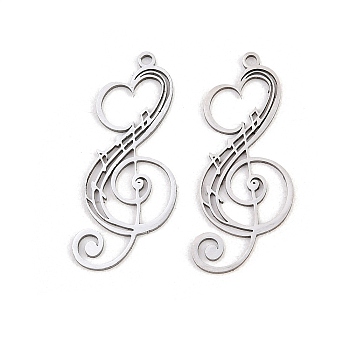201 Stainless Steel Pendants, Treble Clef with Heart & Musical Notes Charms, Stainless Steel Color, 30x13x1mm, Hole: 1.5mm