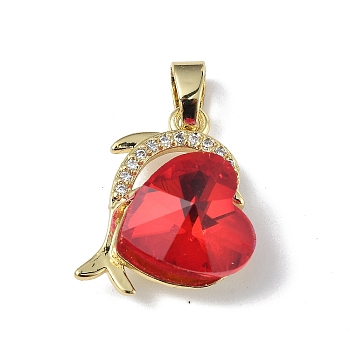 Real 18K Gold Plated Rack Plating Brass Micro Pave Clear Cubic Zirconia Pendants, with Glass, Long-Lasting Plated, Cadmium Free & Lead Free, Dolphin with Heart Charm, Red, 20.5x17x8mm, Hole: 5.5x3.5mm