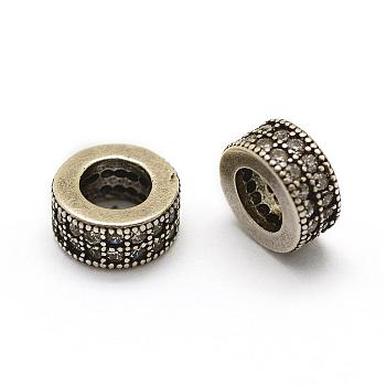 Brass Micro Pave Grade AAA Cubic Zirconia Beads, Cadmium Free & Nickel Free & Lead Free, Flat Round, Thailand Sterling Silver Plated, 7x3mm, Hole: 4mm
