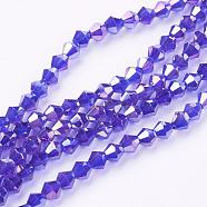 Faceted Bicone Glass Bead Strands, AB Color Plated, Blue, 4x4mm, Hole: 1mm, about 92~96pcs/strand, 13.78~14.37 inch(X-EGLA-S056-05)